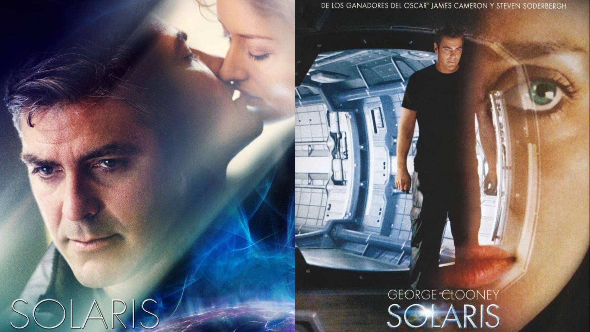 Póster mostrando al actor George Clooney besando a la actriz Natascha McElhone, póster mostrando al actor de pie en un pasillo de nave espacial