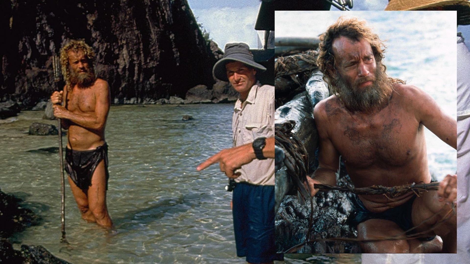 El actor Tom Hanks con un palo en las manos está parado en el agua frente a los acantilados