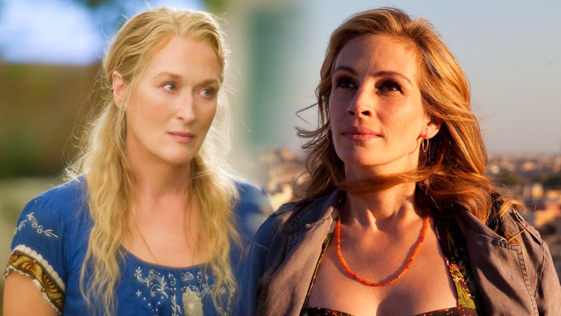 La actriz Meryl Streep con un vestido azul y la actriz Julia Roberts con una chaqueta gris bajo la luz del sol
