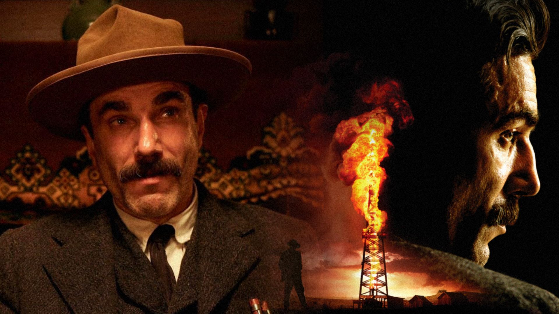 El actor Daniel Day-Lewis con sombrero marrón junto a una torre petrolera en llamas