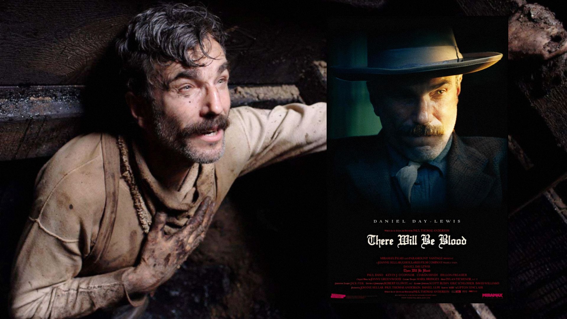 El actor Daniel Day-Lewis con ropa blanca sucia, junto a un póster de la película que muestra al actor con traje y sombrero