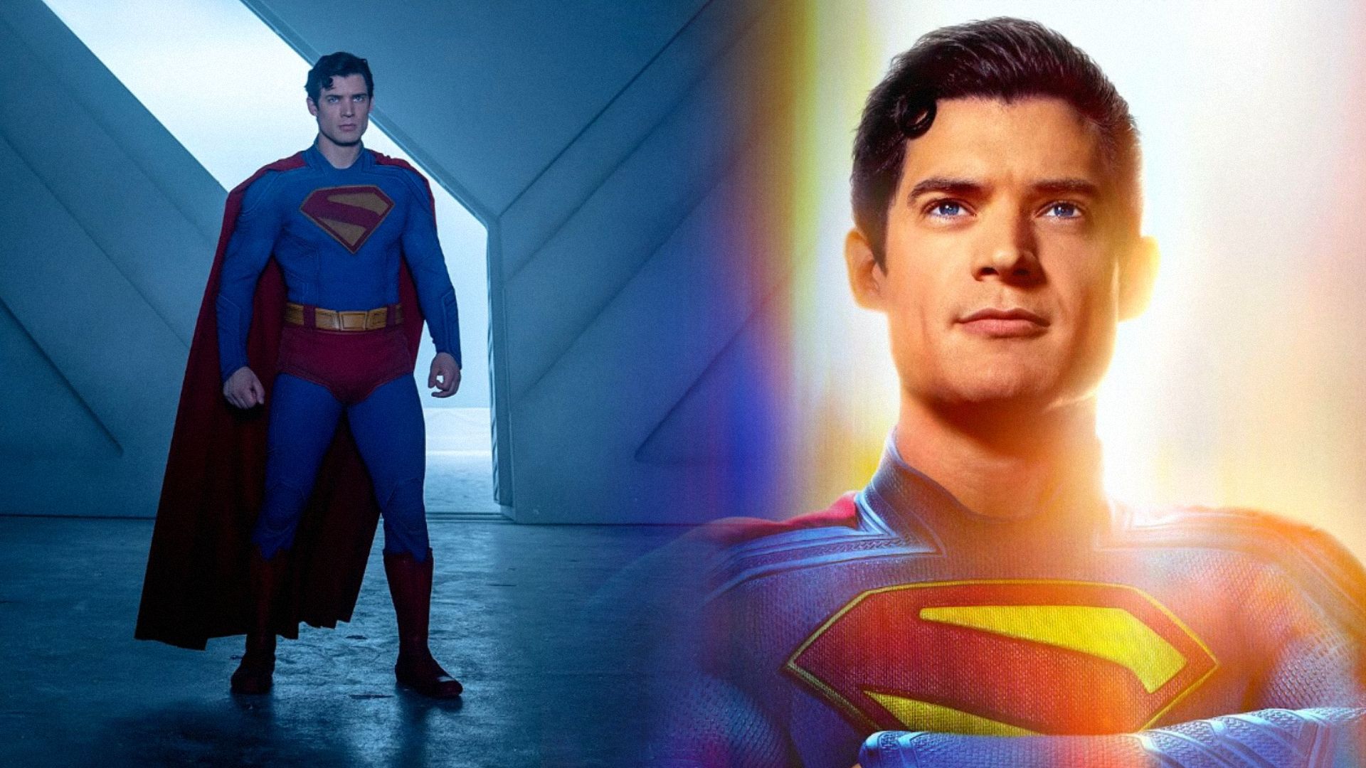 El actor David Corenswet sonríe con un traje de superhéroe azul y rojo