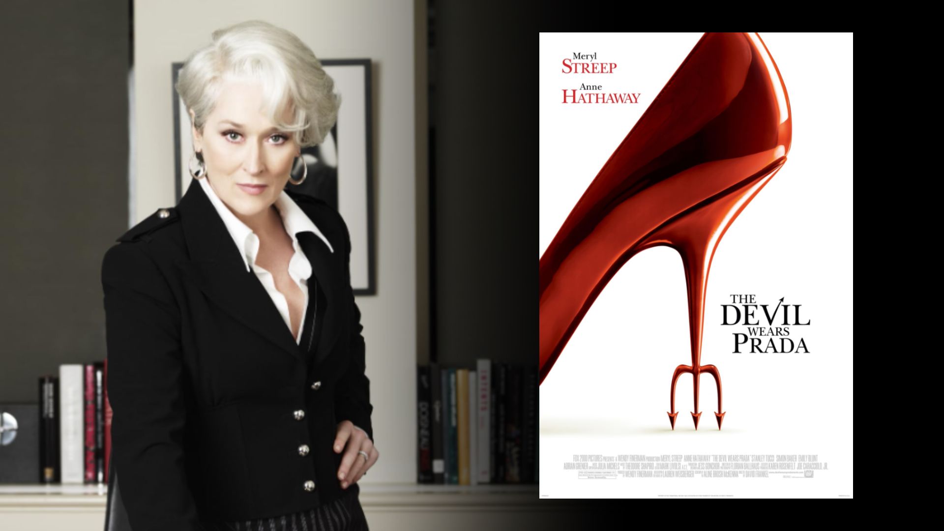 La actriz Meryl Streep con un blazer negro está junto a una mesa, al lado de un póster de película con un tacón alto rojo