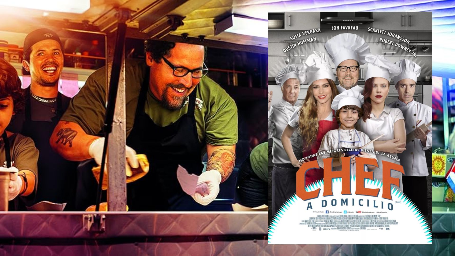 Dos hombres cocinando en un food truck, con un póster de película cerca mostrando a la actriz Scarlett Johansson llevando un gorro de chef