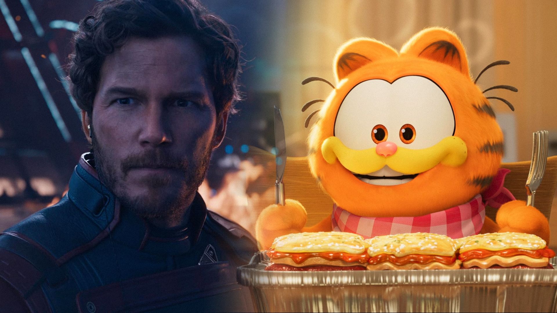 El actor Chris Pratt en un traje azul mira hacia un lado, el gato naranja Garfield se sienta en una mesa y sonríe