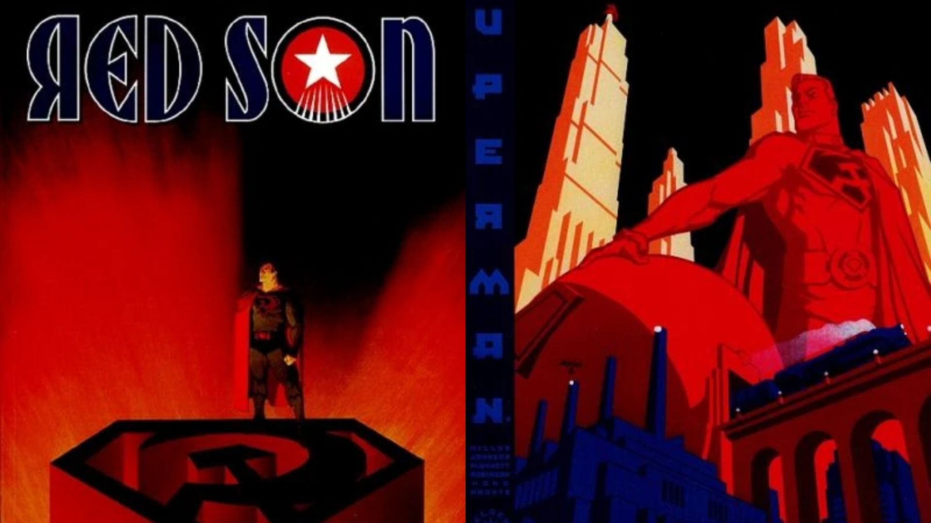 Portadas de cómics de Superman donde el superhéroe está de pie sobre un pedestal con forma de martillo y hoz