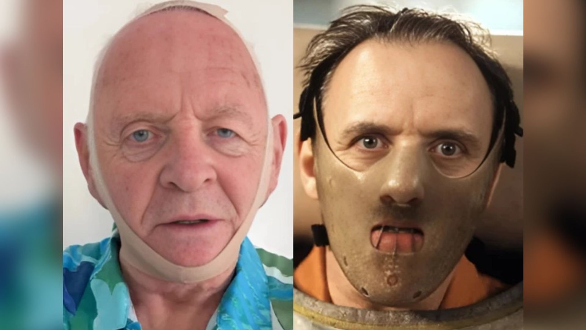 A la izquierda Anthony Hopkins con una mascarilla de vendajes ahora, a la derecha una toma de su personaje de "The Silence of the Lambs" con una máscara