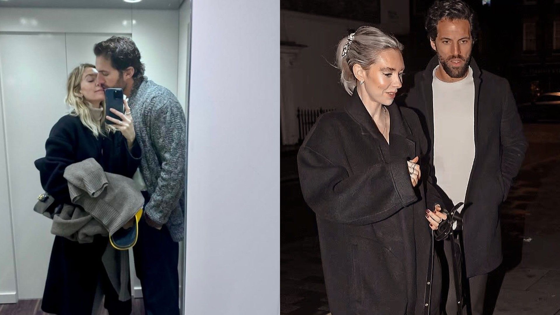 Vanessa Kirby y Paul Rabil a la izquierda en un ascensor, el hombre besando a la mujer, a la derecha caminando juntos por la calle en la noche