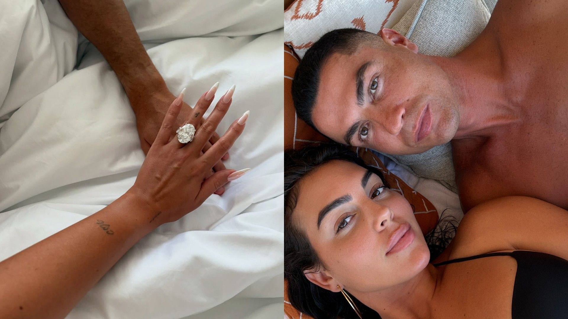 A la izquierda, la mano de una mujer con un gran anillo de diamante, a la derecha, un selfie de Georgina Rodríguez y Cristiano Ronaldo