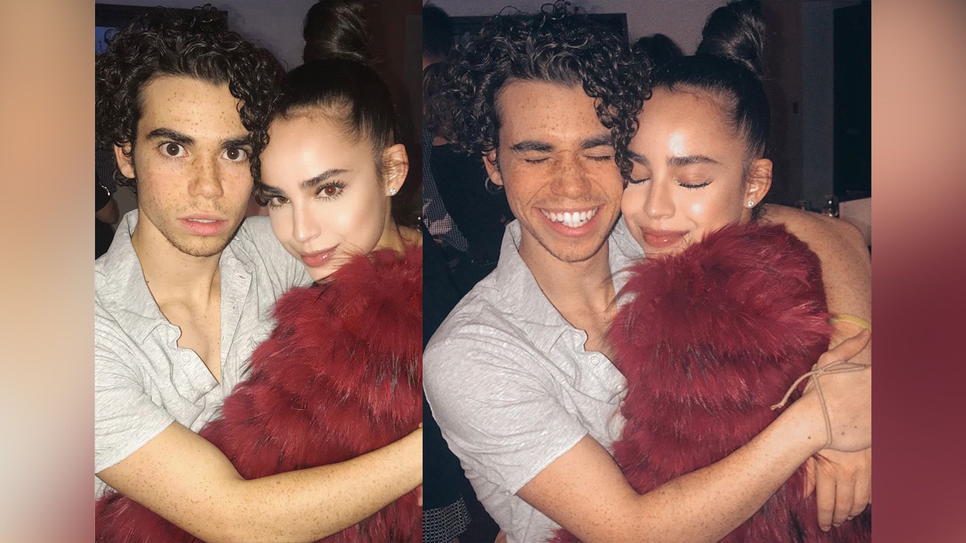 Sofia Carson y Cameron Boyce abrazándose y riendo