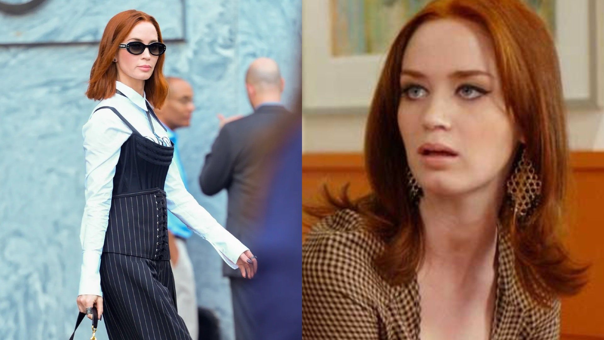 Emily Blunt, collage de dos fotos: caminando por la calle, escena de "The Devil Wears Prada"