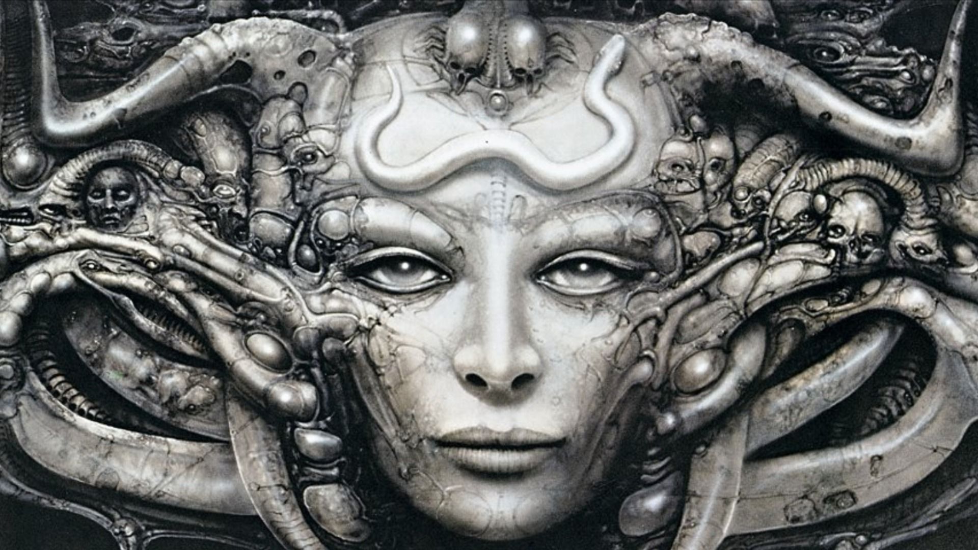 Rostro de chica futurista con estructuras mecánicas entrelazadas