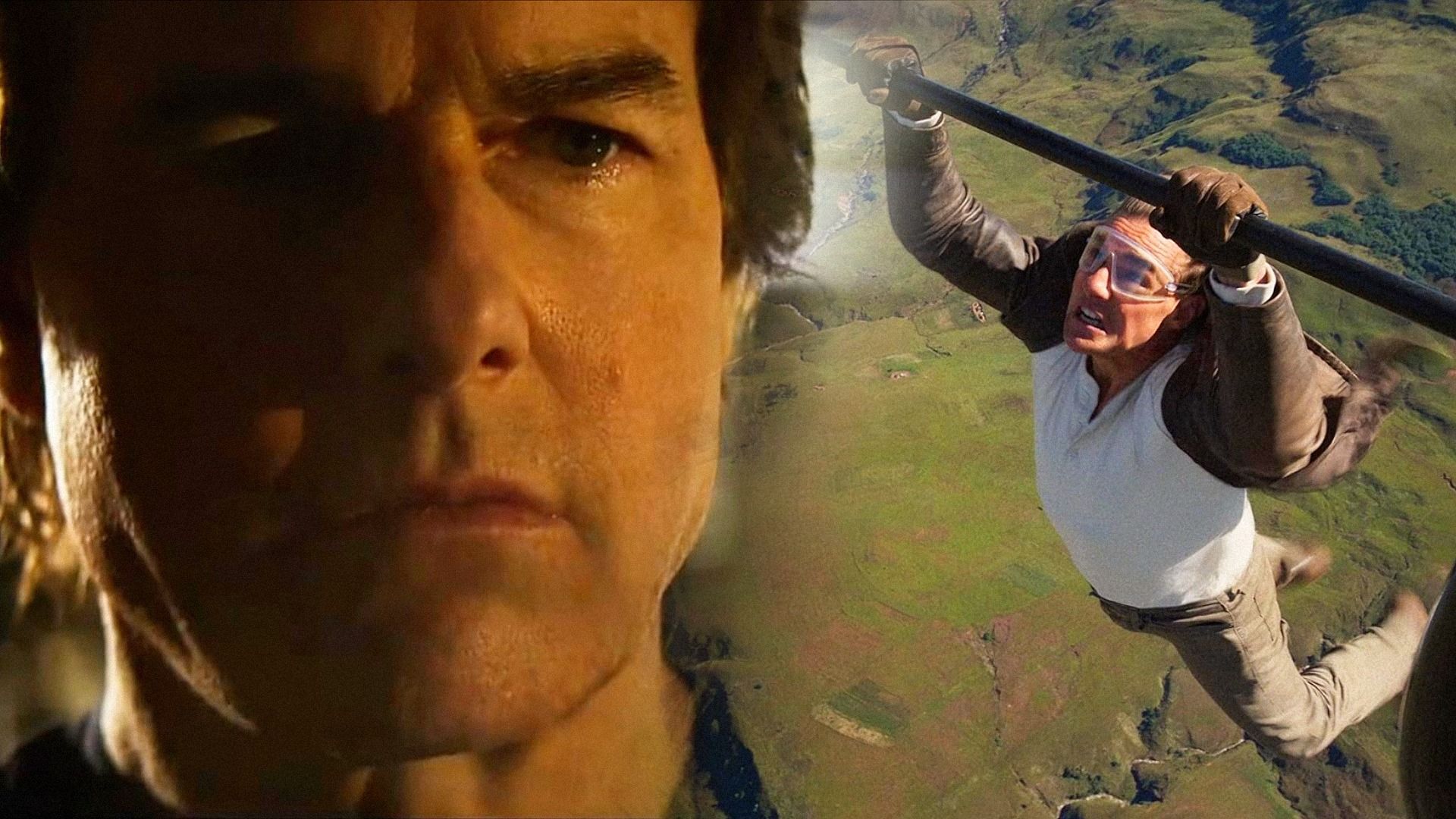 Tom Cruise con una lágrima en el ojo, y también en chaqueta de cuero, aferrado a un avión en vuelo