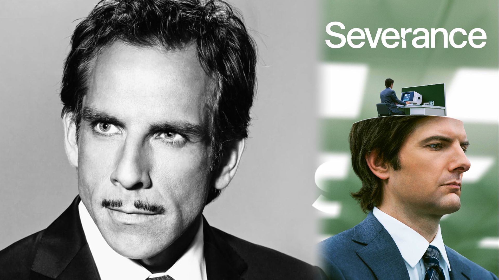 El actor Ben Stiller con chaqueta negra y un póster de la serie que muestra a un hombre con chaqueta gris