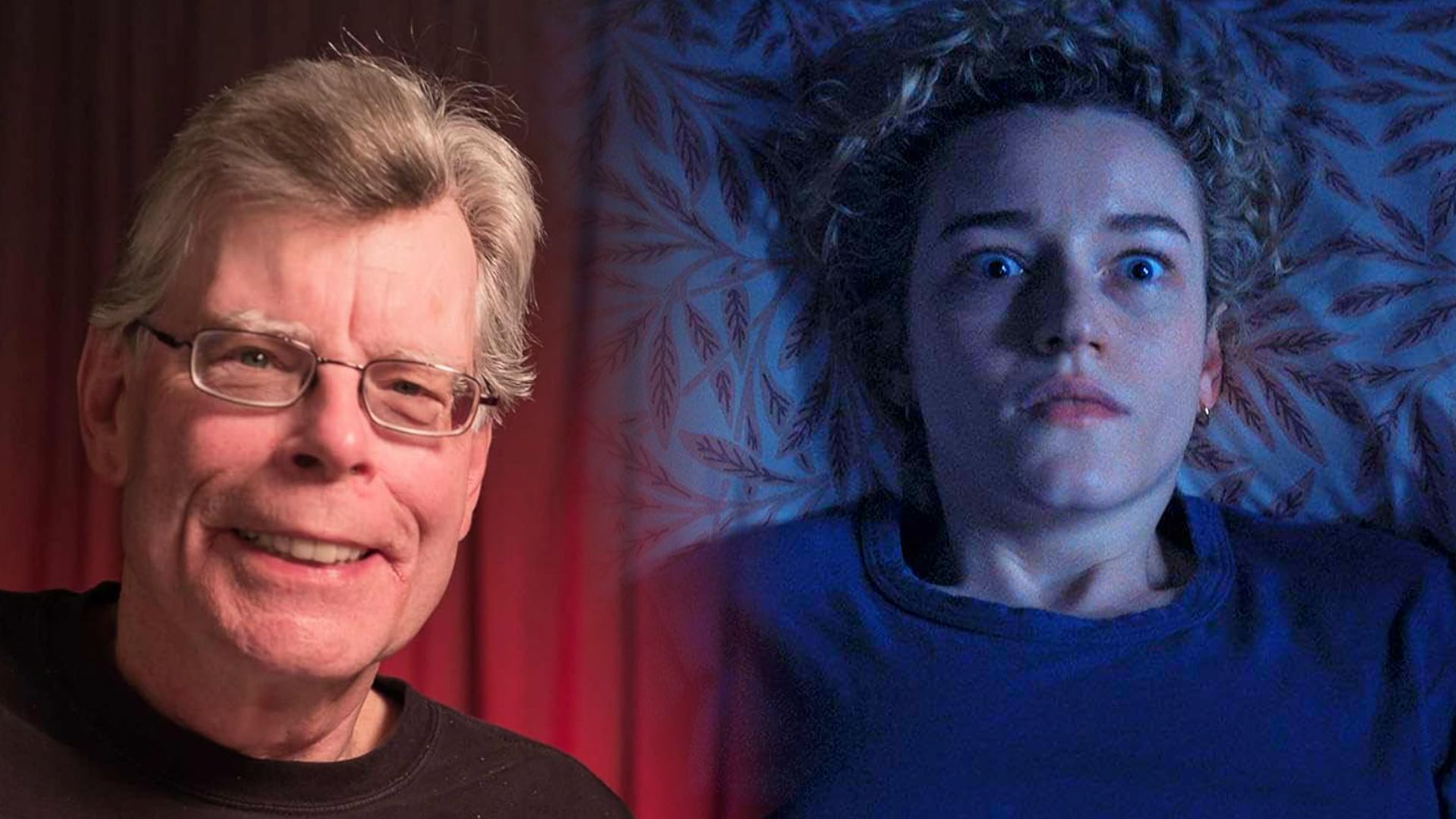 El escritor Stephen King en una camiseta negra, una chica yace en la cama con miedo