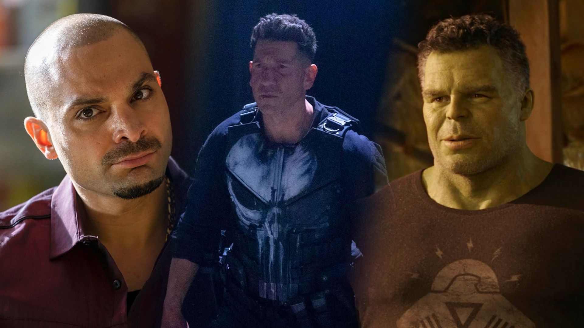 El actor Michael Mando con camisa roja, Jon Bernthal con chaleco antibalas negro, Mark Ruffalo como el monstruo verde