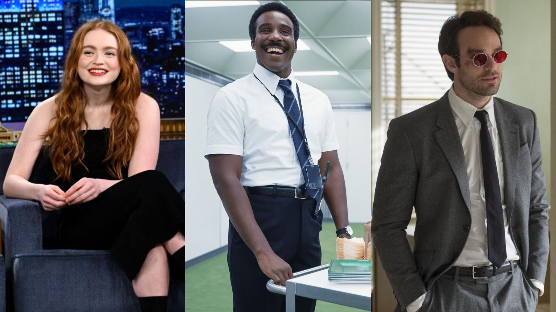 Los actores Sadie Sink con un vestido negro, Tramell Tillman con camisa blanca y Charlie Cox con traje gris