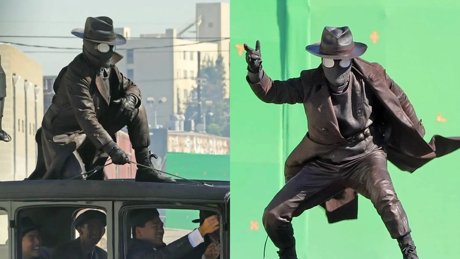 Nicolas Cage con el traje de Spider-Man Noir en el set, vistiendo un abrigo de cuero y sombrero