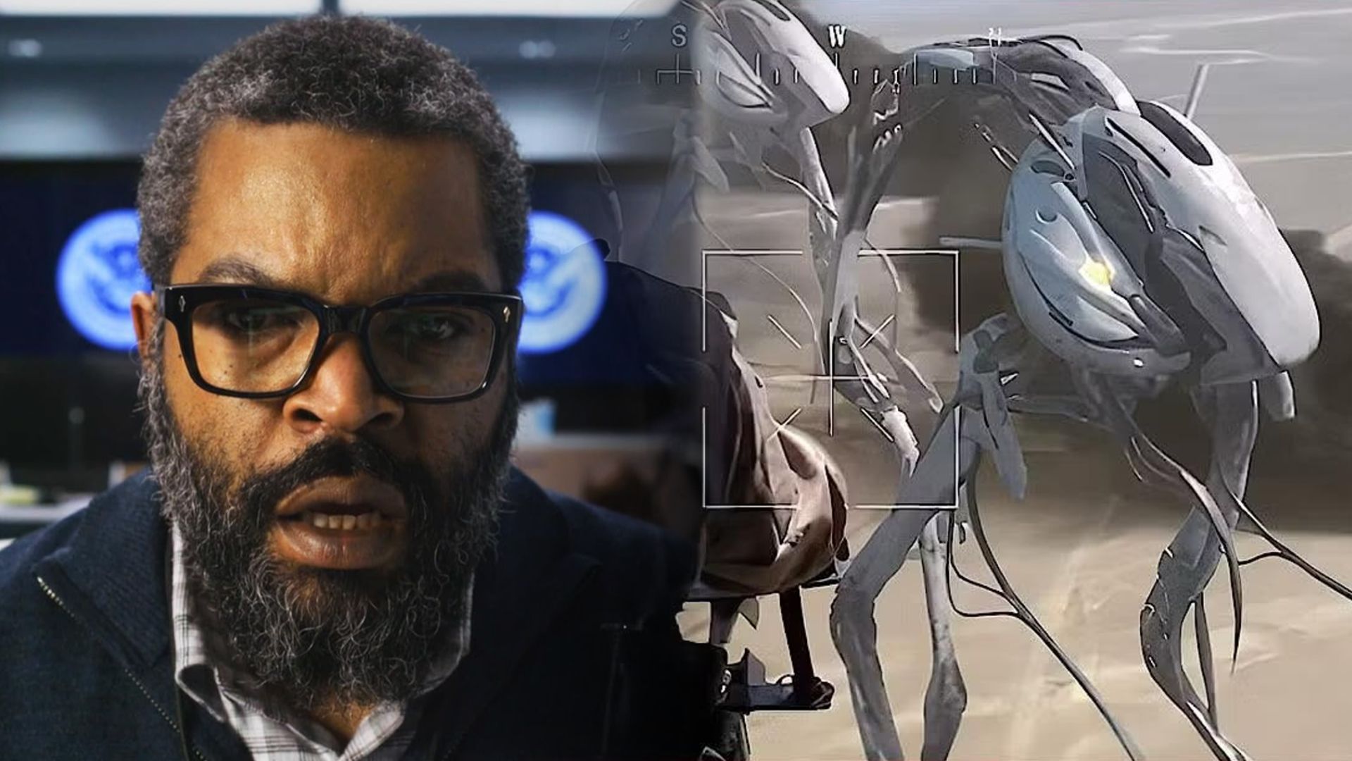 El actor y rapero Ice Cube con gafas, a la derecha una foto de una criatura de hierro con tres patas