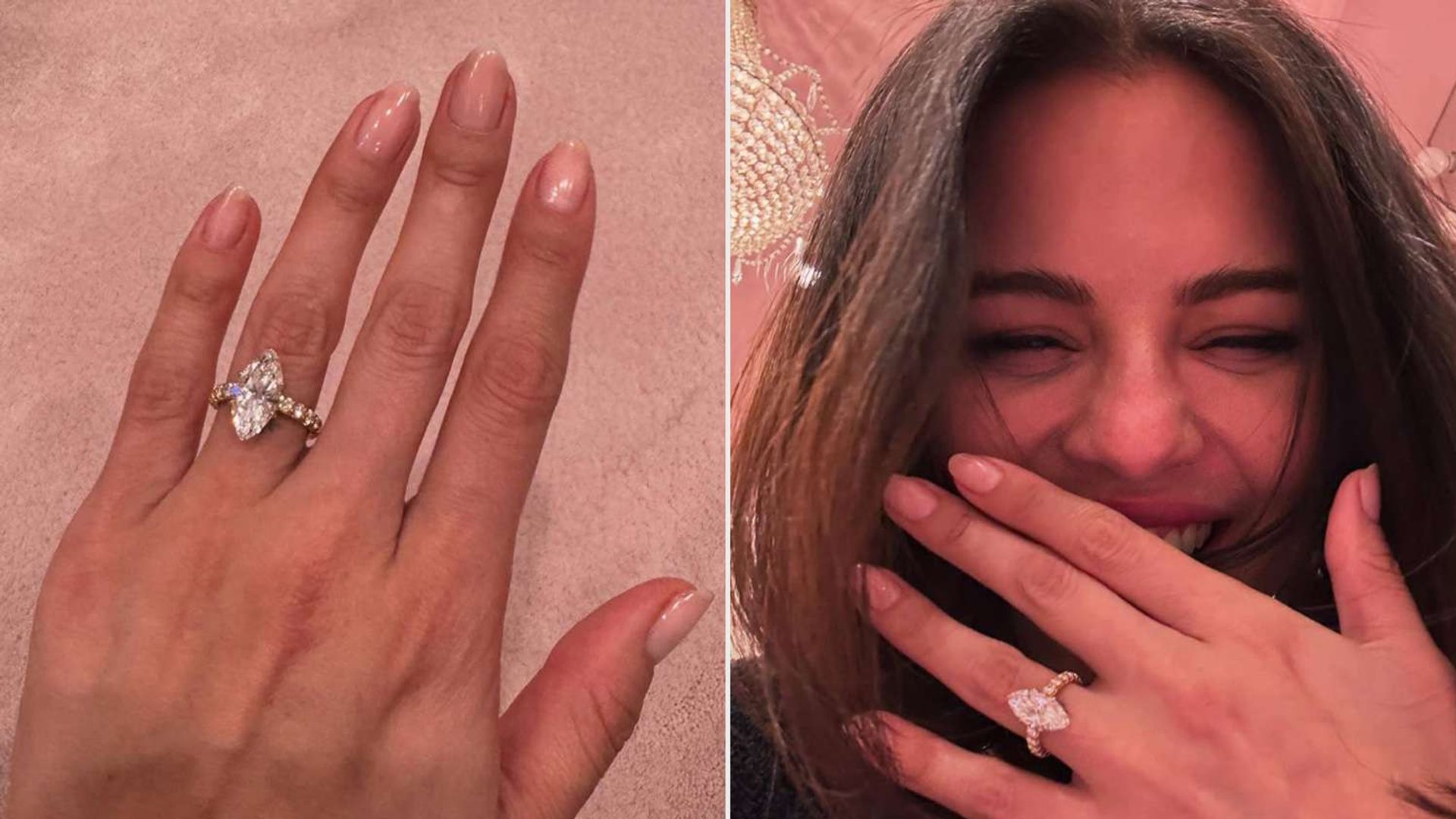 Selena Gomez muestra un anillo con un diamante grande en su mano, en la segunda foto está sonriendo mientras se cubre la boca con la mano que lleva el anillo