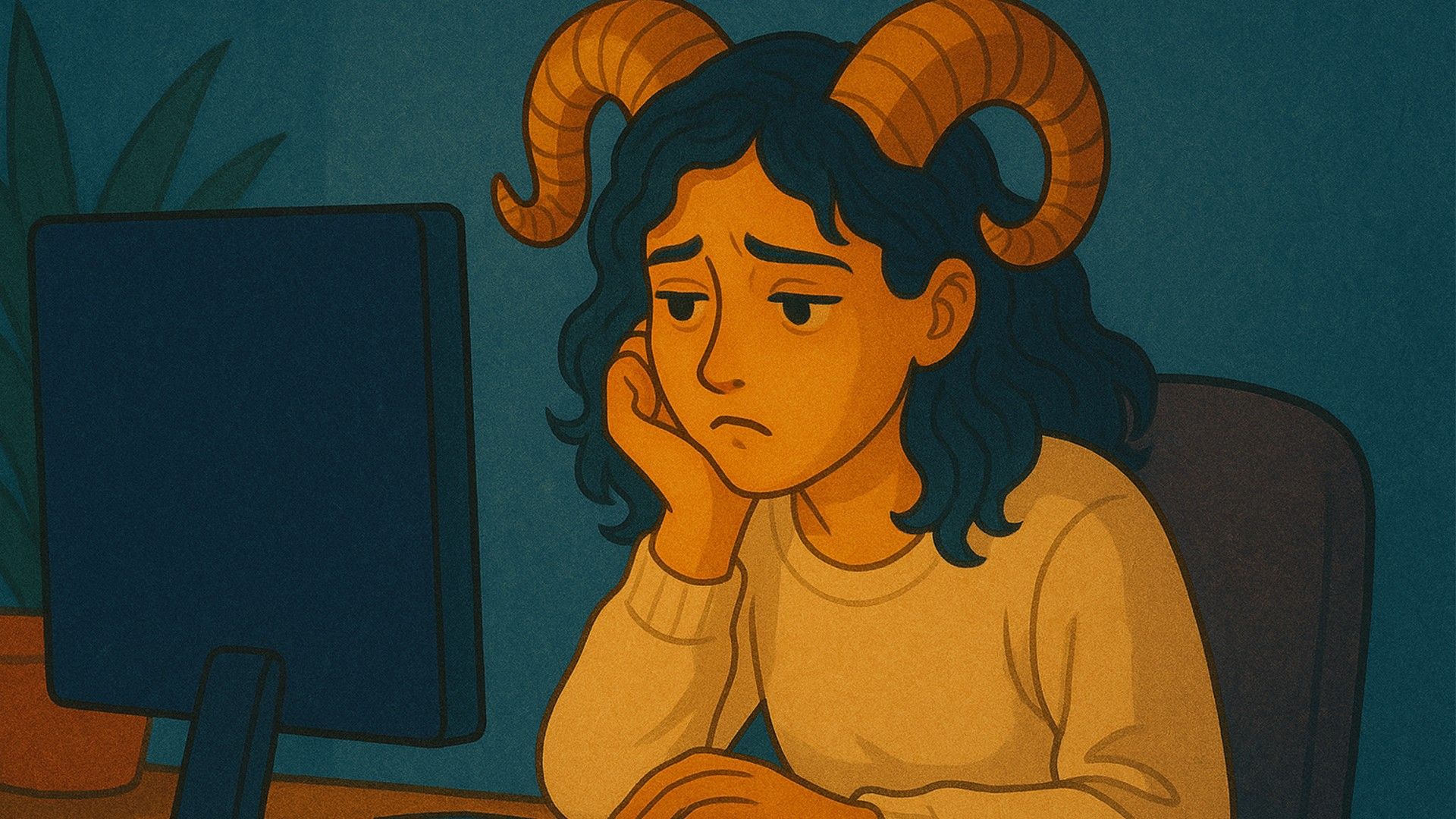 Una mujer Aries sentada frente a su monitor con cara de aburrimiento