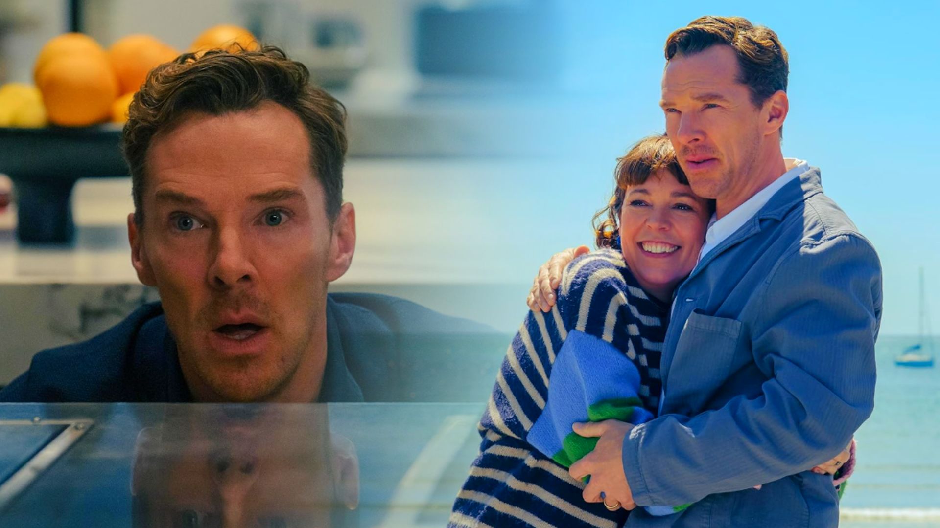 El actor Benedict Cumberbatch con blazer azul abraza a la actriz Olivia Colman con suéter a rayas