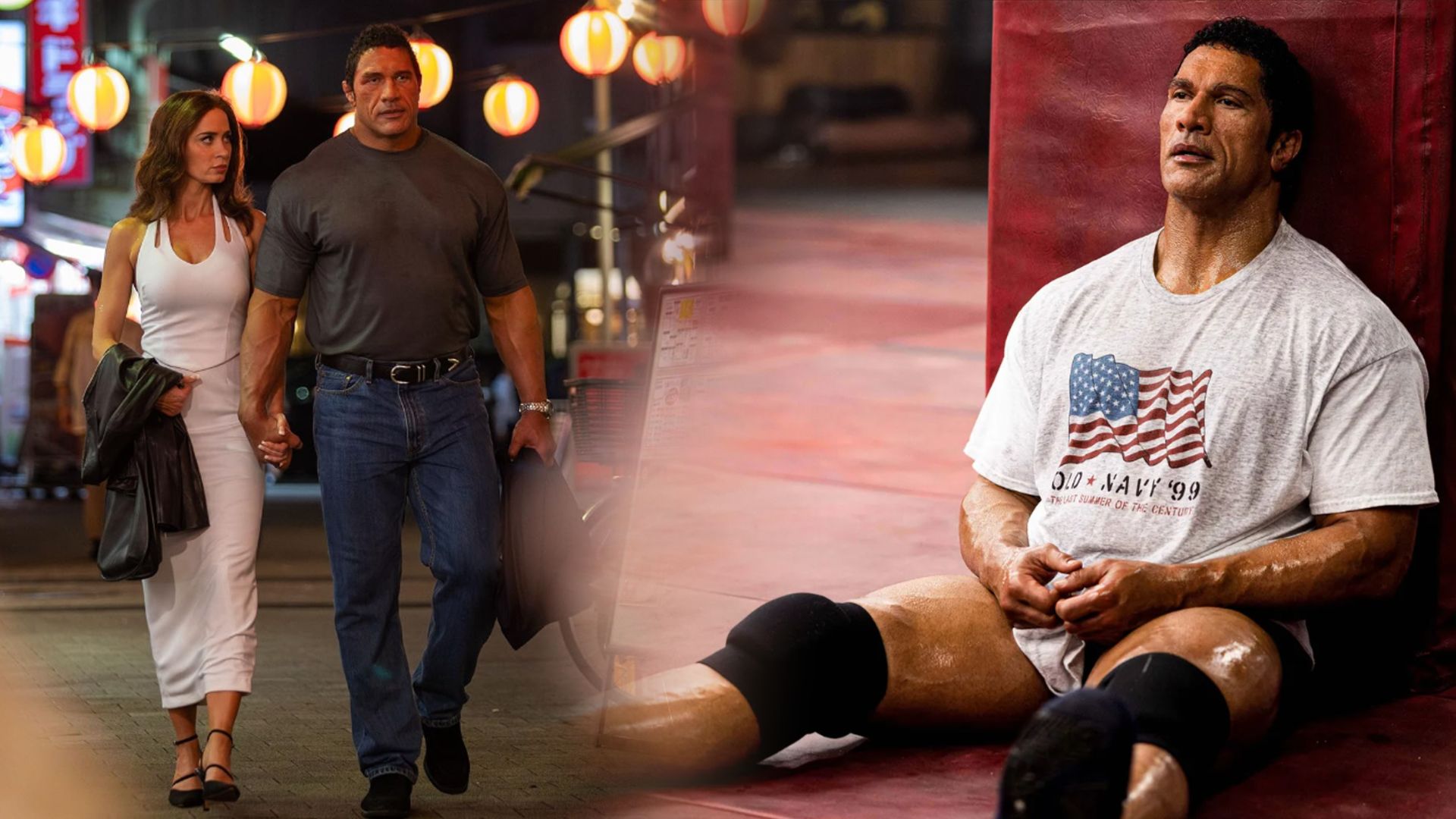 El actor Dwayne Johnson con camiseta gris camina por la calle con Emily Blunt en vestido blanco