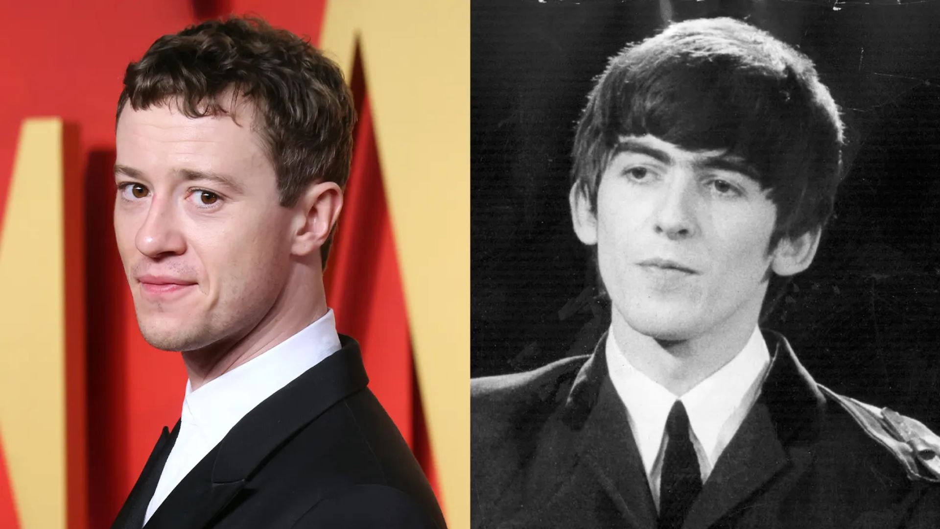 Collage de dos fotos: Joseph Quinn y el joven George Harrison