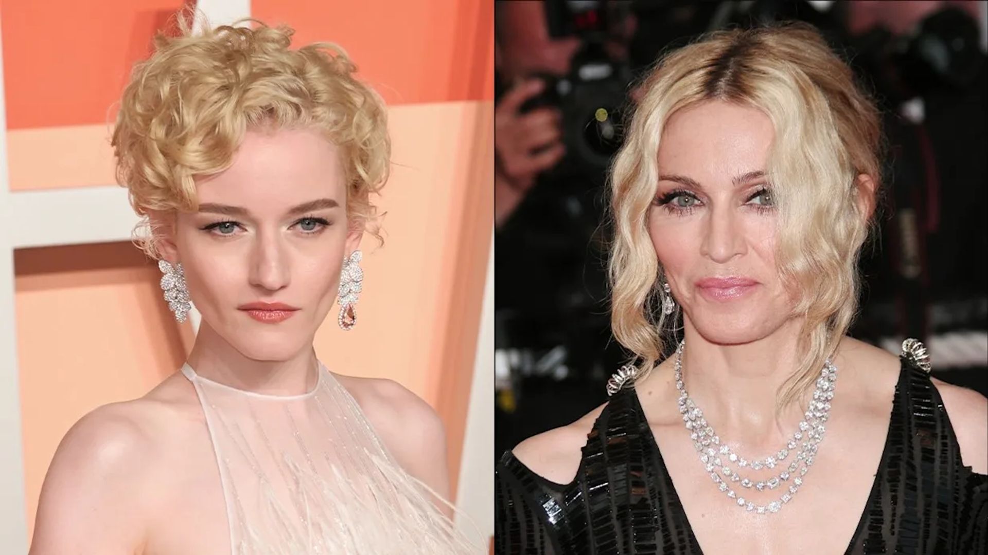 Collage de dos fotos: Julia Garner a la izquierda, la cantante Madonna a la derecha