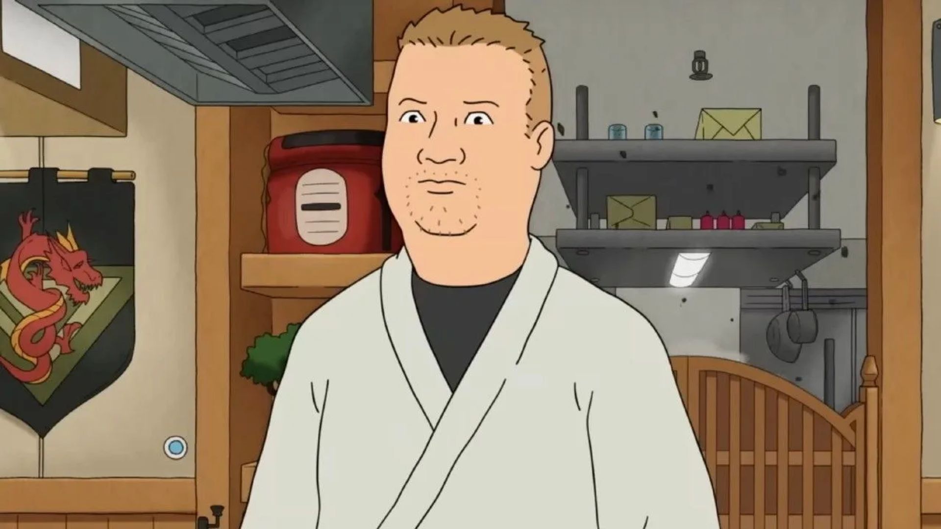 Una escena de la serie animada King of the Hill con Bobby Hill adulto en bata
