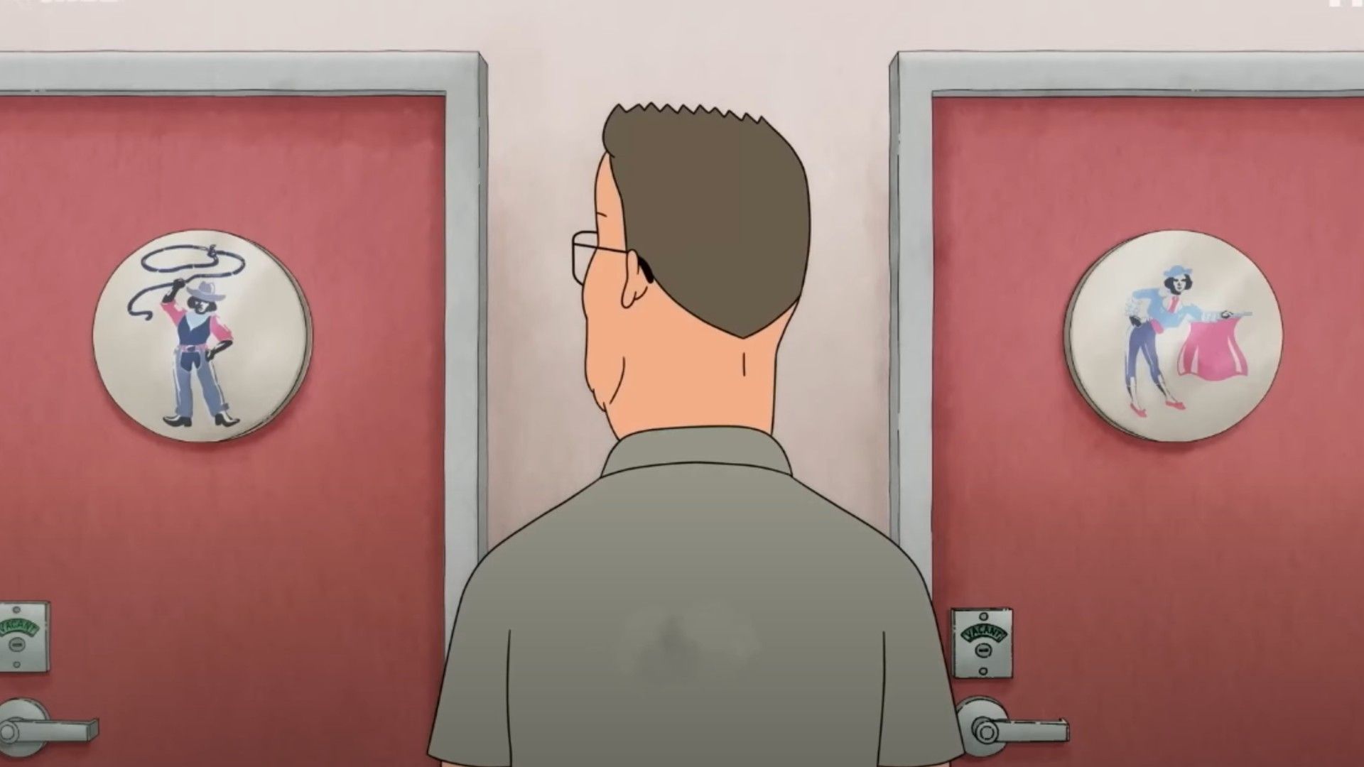 Una escena de la serie animada King of the Hill mostrando a Hank Hill eligiendo qué baño usar