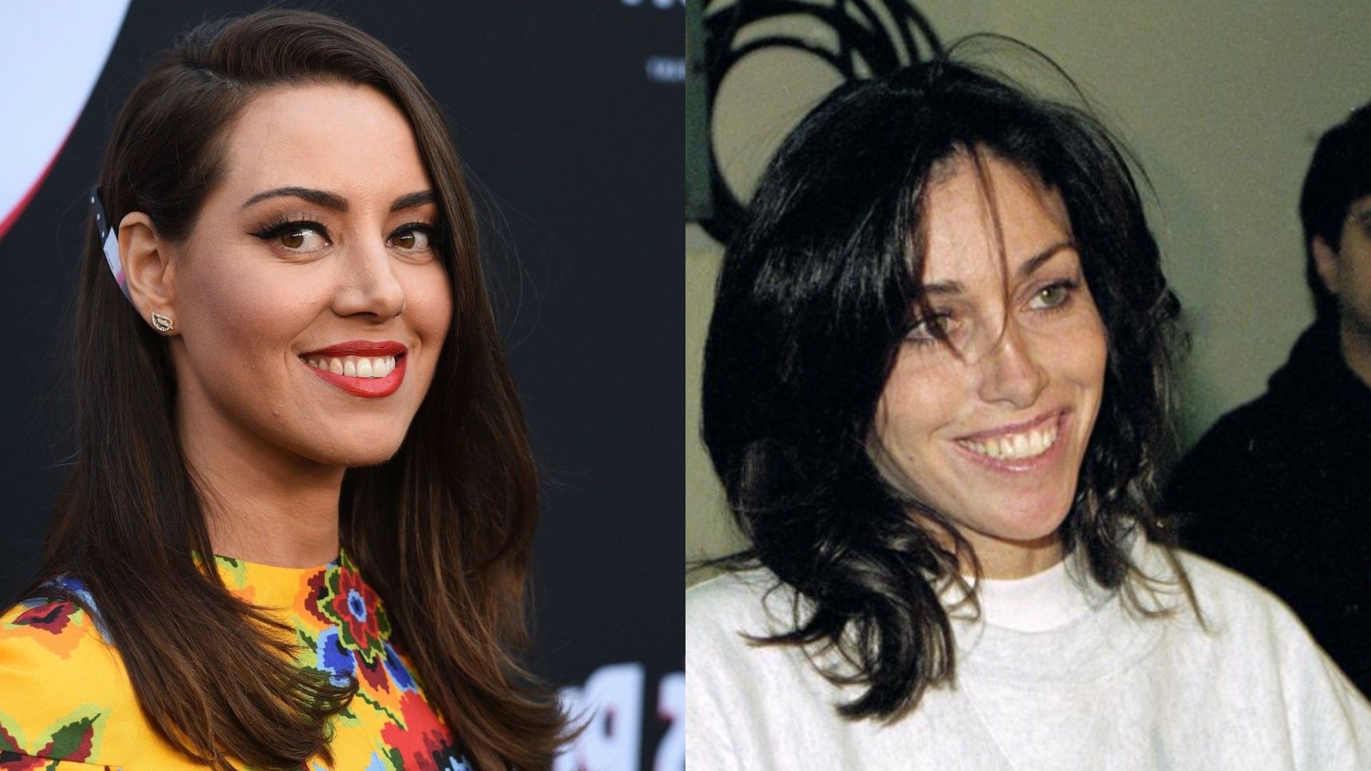 Collage de dos fotos: a la izquierda, la actriz Aubrey Plaza sonriendo, a la derecha, Heidi Fleiss