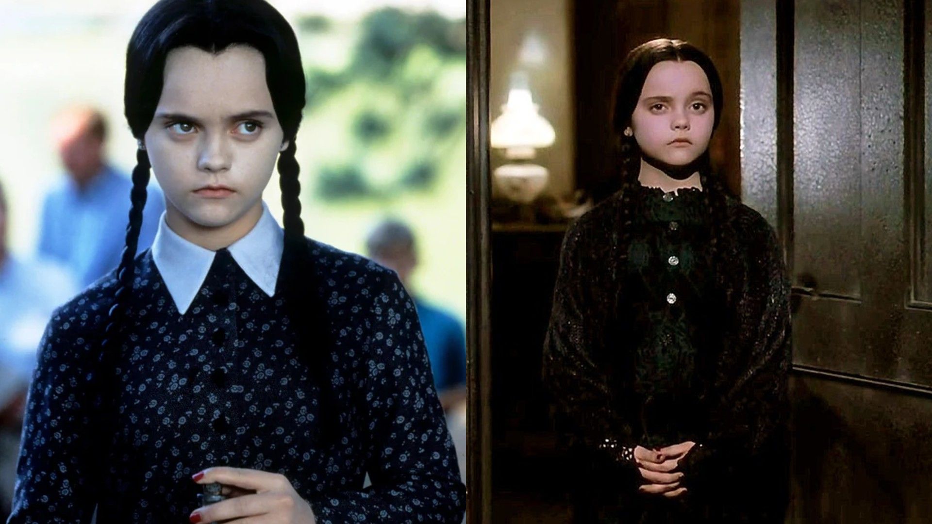 Christina Ricci como Merlina Addams, collage de dos fotos