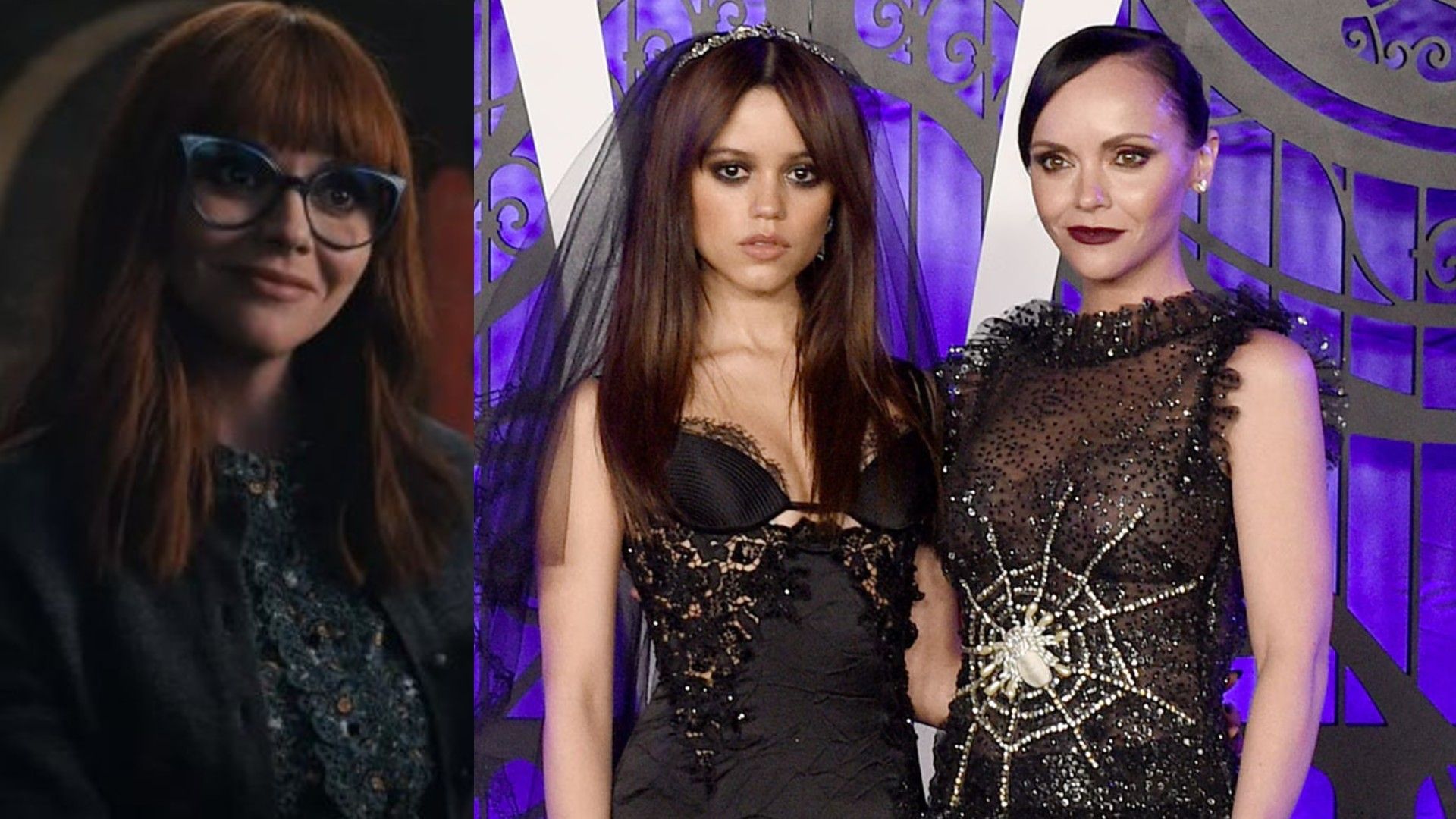 Christina Ricci con gafas y cabello rojo junto a Jenna Ortega con atuendos negros contra un fondo púrpura