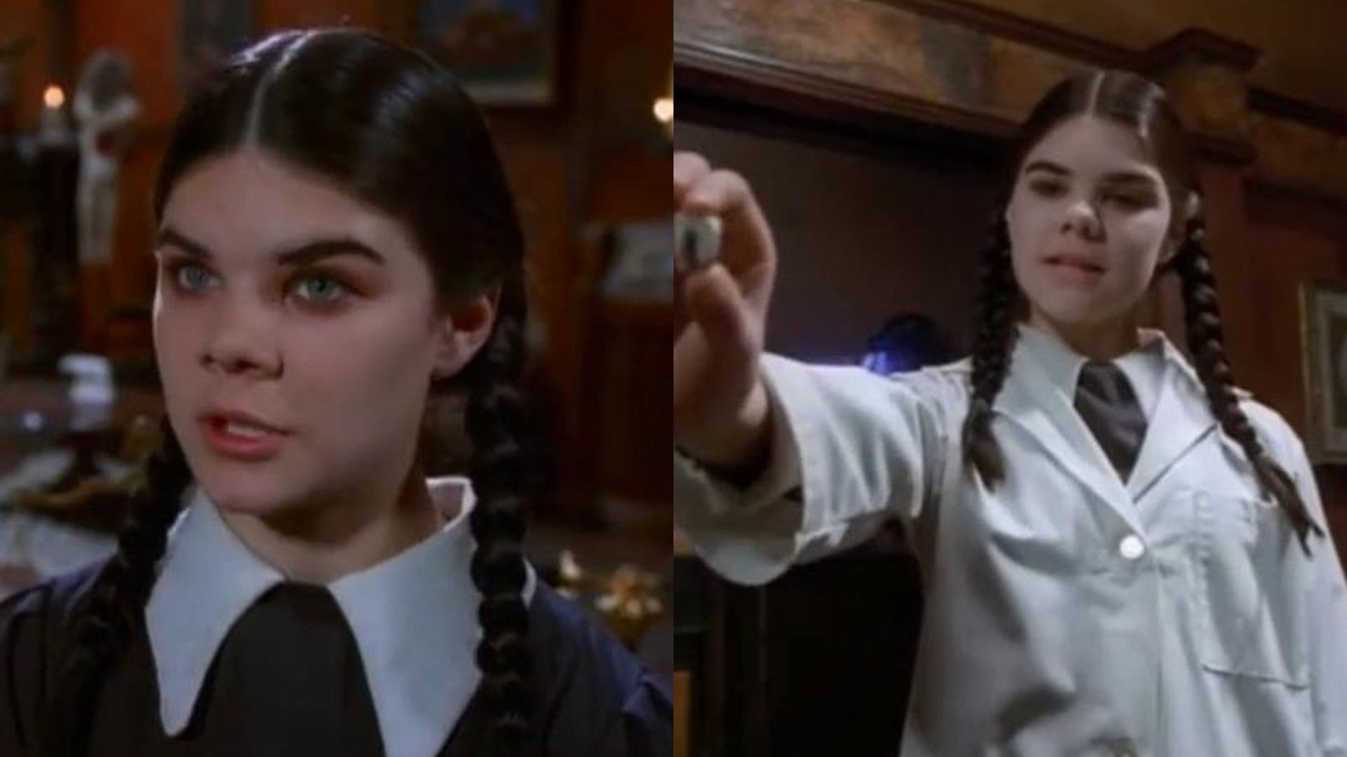 Nicole Fugere con trenzas oscuras en vestido negro y bata blanca en escenas de la película