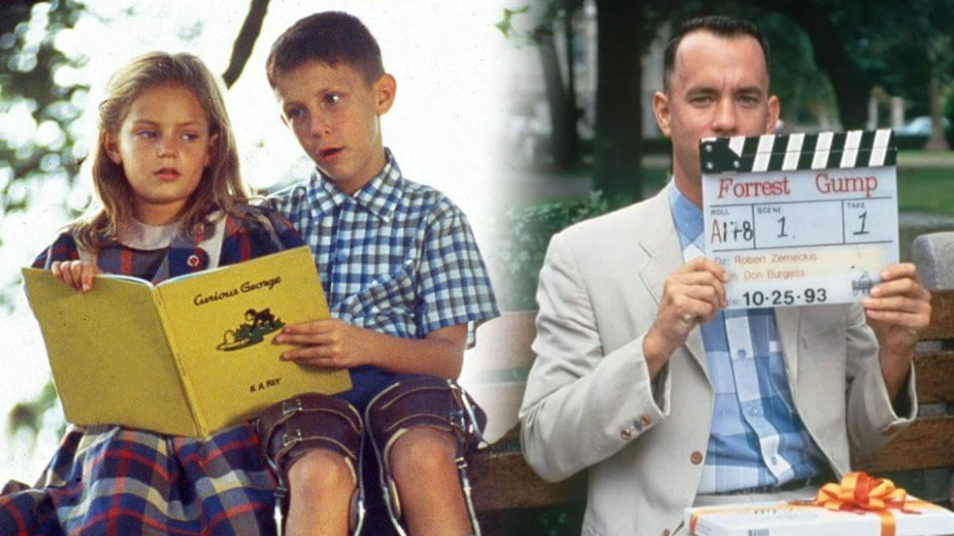 Un niño y una niña sentados en la rama de un árbol leyendo un libro mientras el actor Tom Hanks sostiene una claqueta de película a la derecha