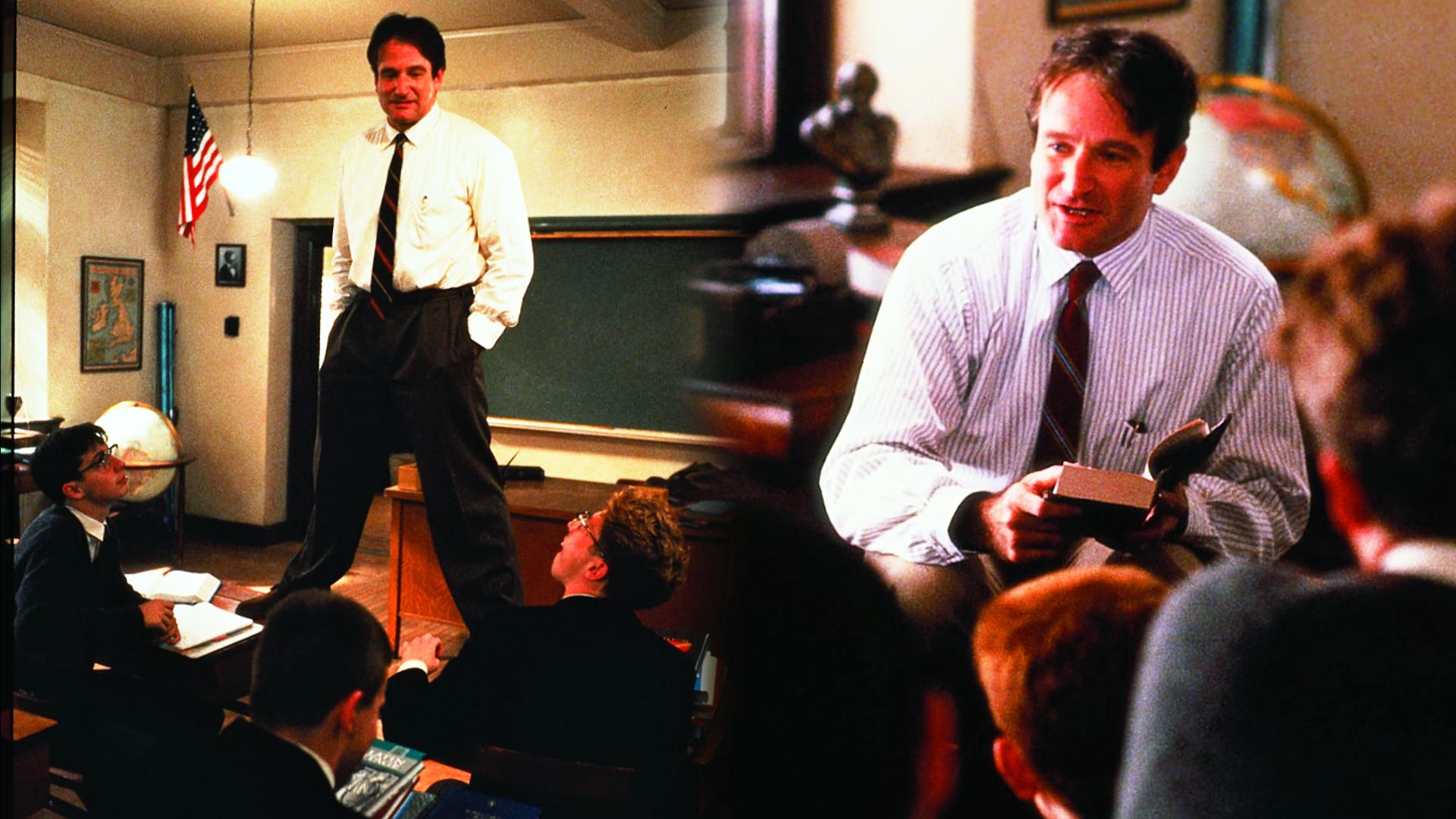 El actor Robin Williams con camisa blanca y corbata se encuentra de pie sobre una mesa, sosteniendo un libro en las manos