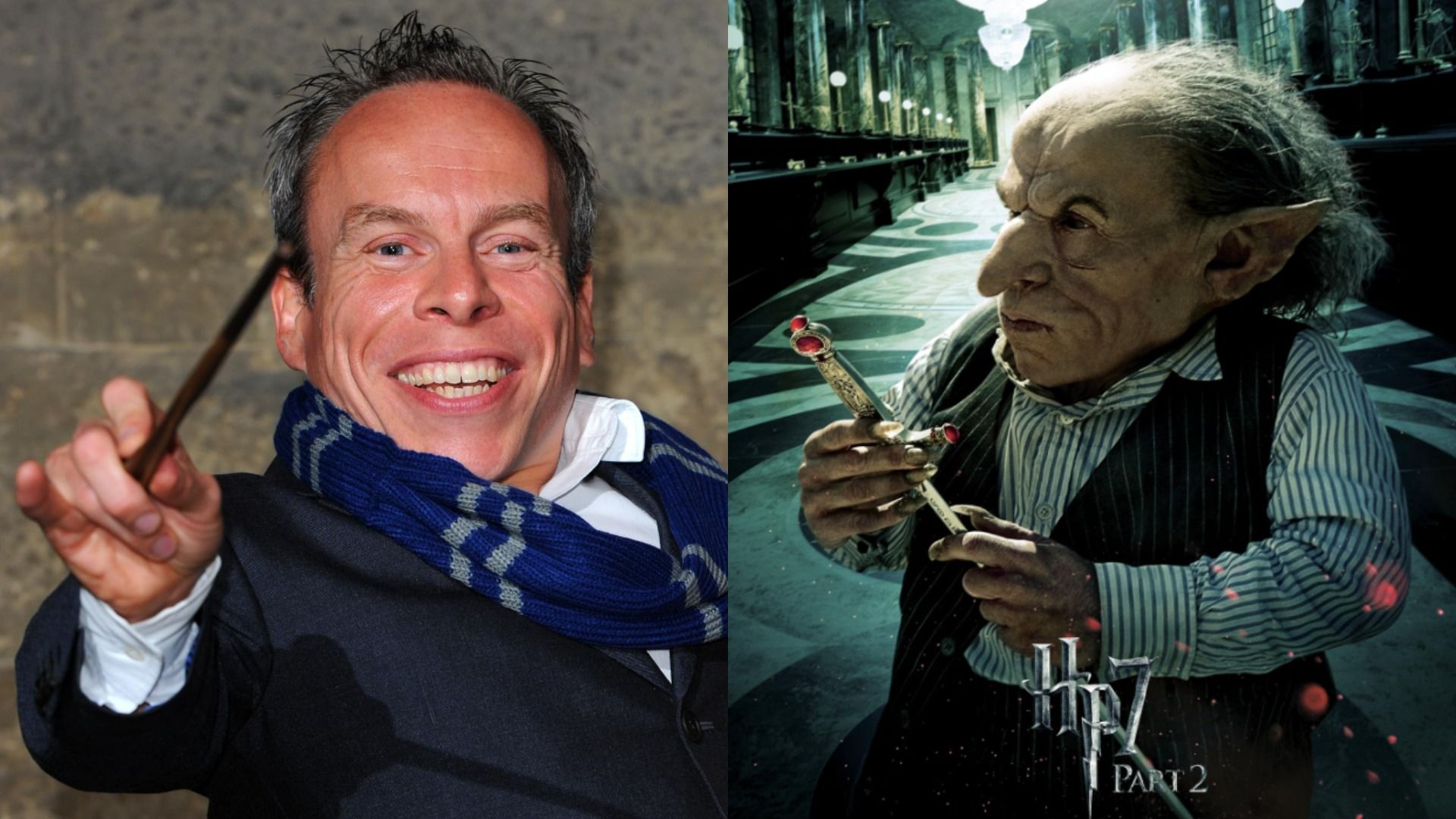 El actor Warwick Davis en chaqueta negra sosteniendo una varita, a la derecha está con maquillaje de duende
