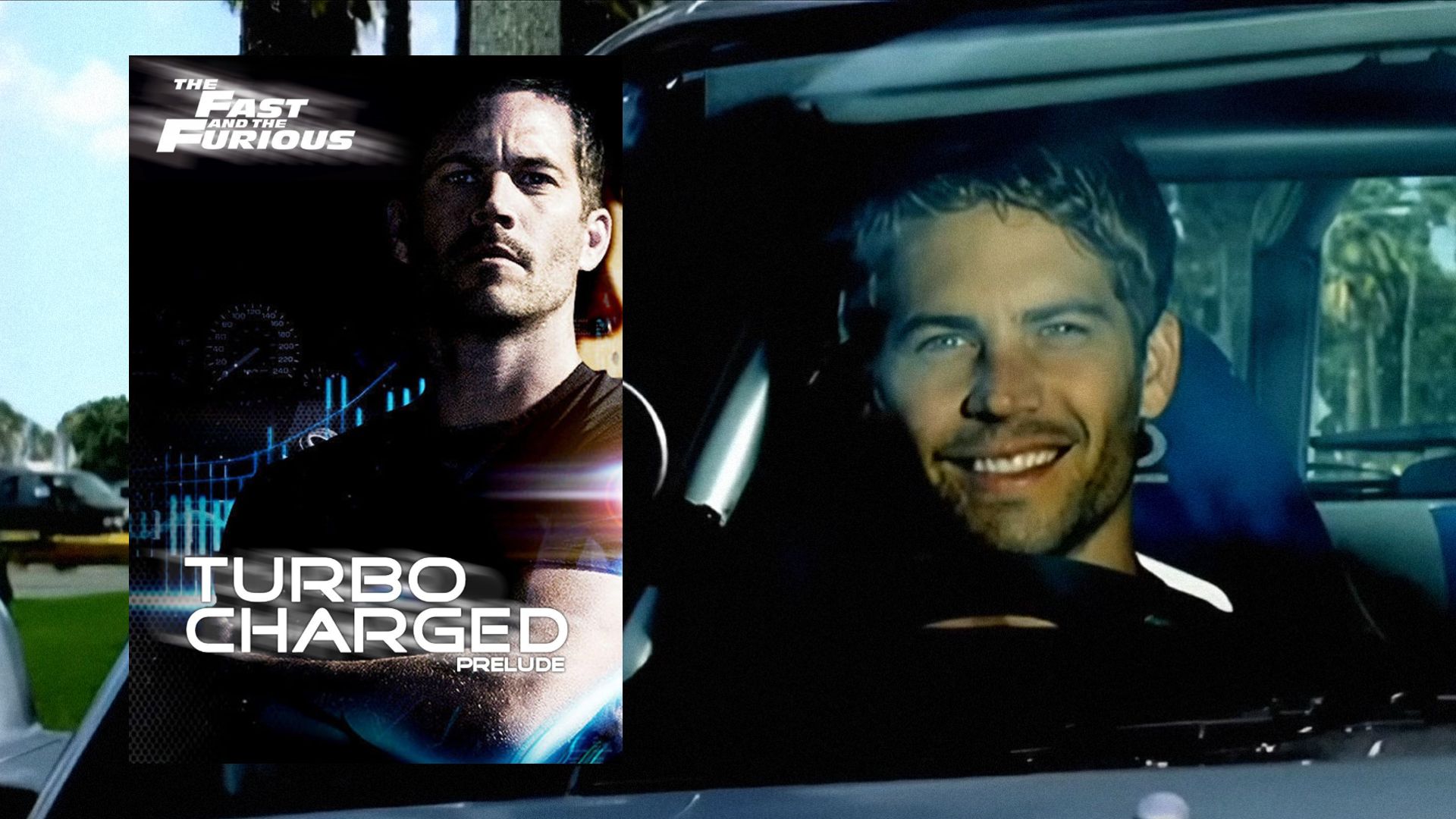 El actor Paul Walker sentado al volante de un coche sonriendo, con un póster de la película a la izquierda mostrando a Paul de pie con una camiseta negra