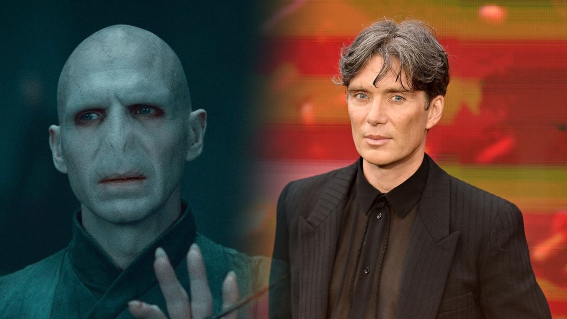 Actor Ralph Fiennes con maquillaje sin nariz y actor Cillian Murphy en traje negro en la alfombra roja