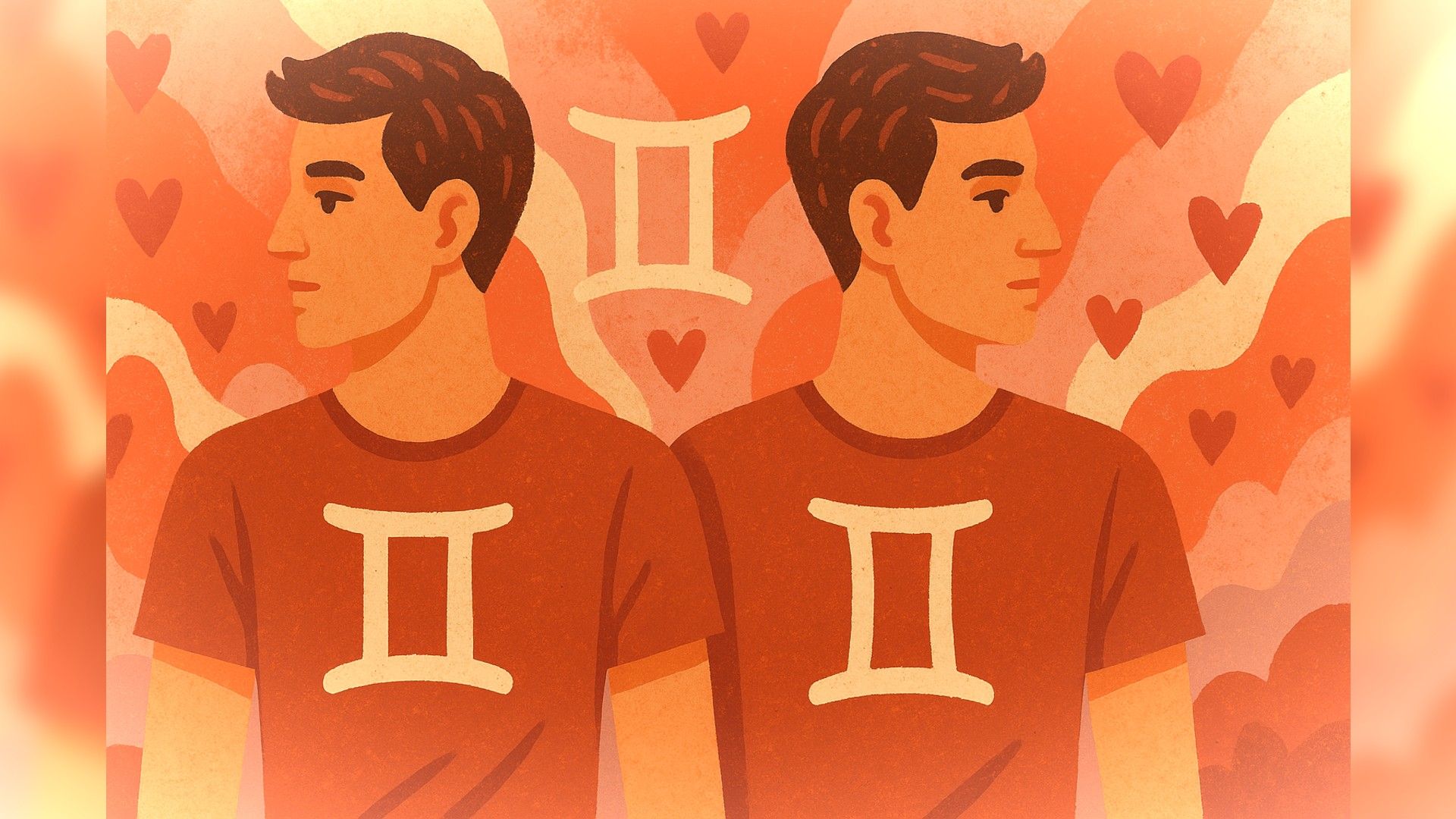 Hombre géminis, ambiente romántico, estilo de dibujos animados, paleta naranja