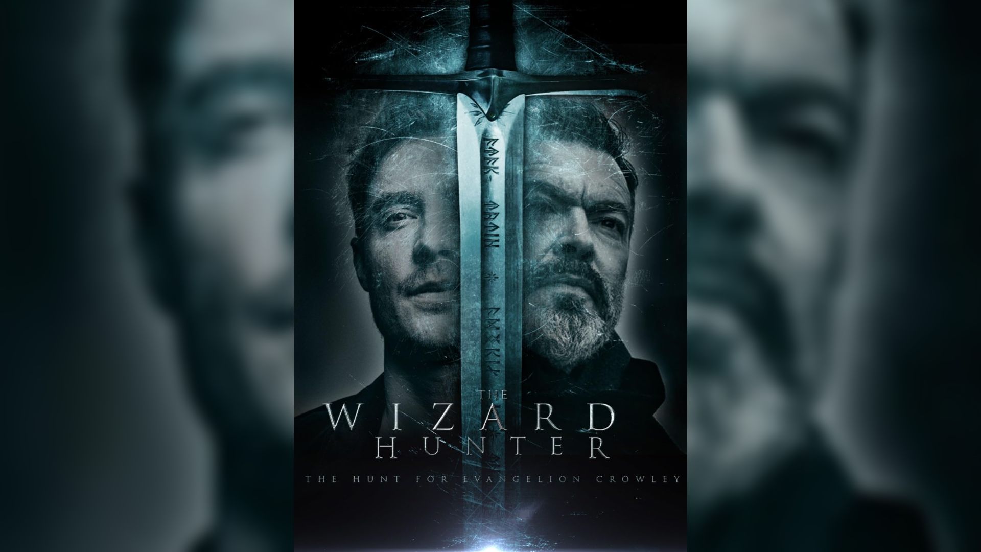 Dos hombres parados detrás de una espada contra un fondo oscuro