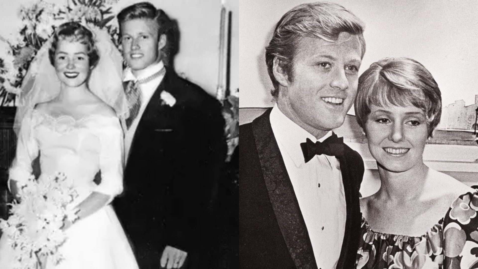 Robert Redford y Lola Van Wagenen, collage de dos fotos: boda y años después