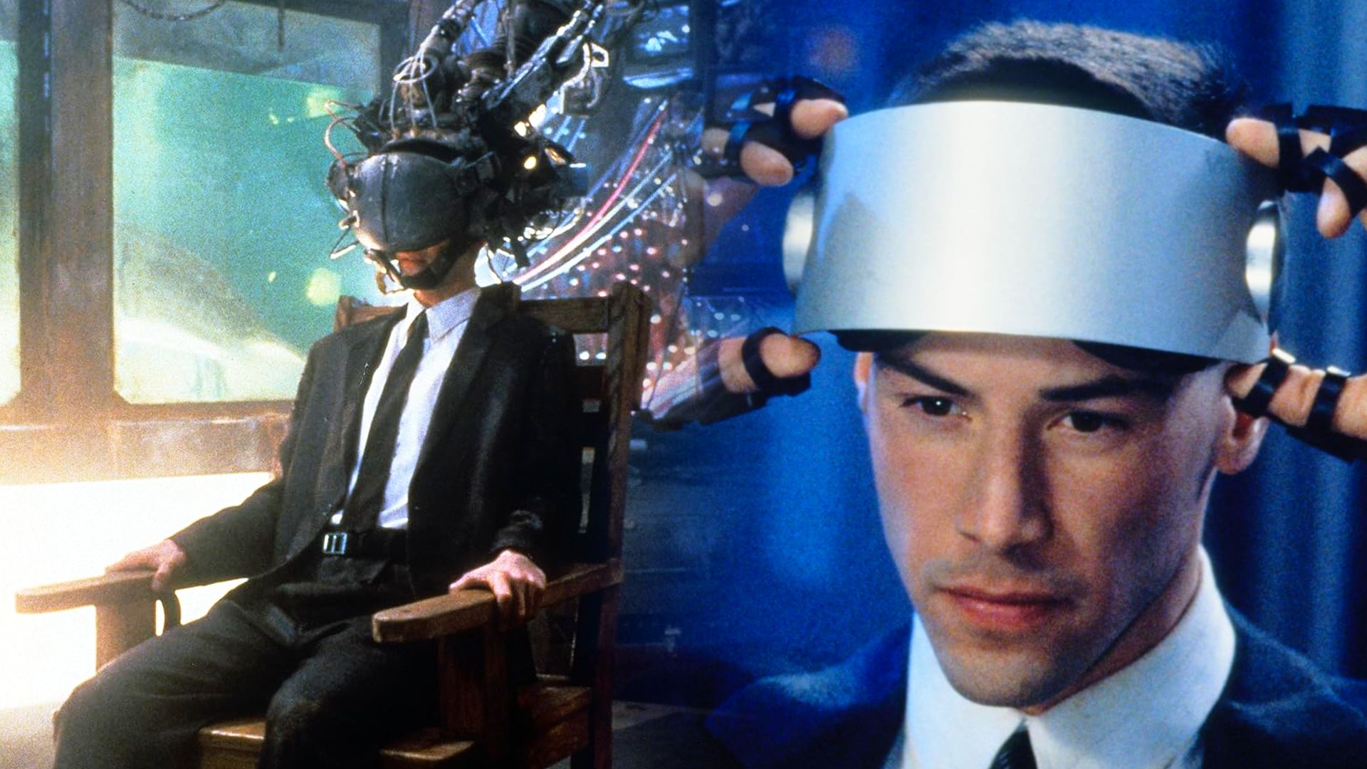 El actor Keanu Reeves en un traje clásico sentado en una silla con un dispositivo futurista en la cabeza