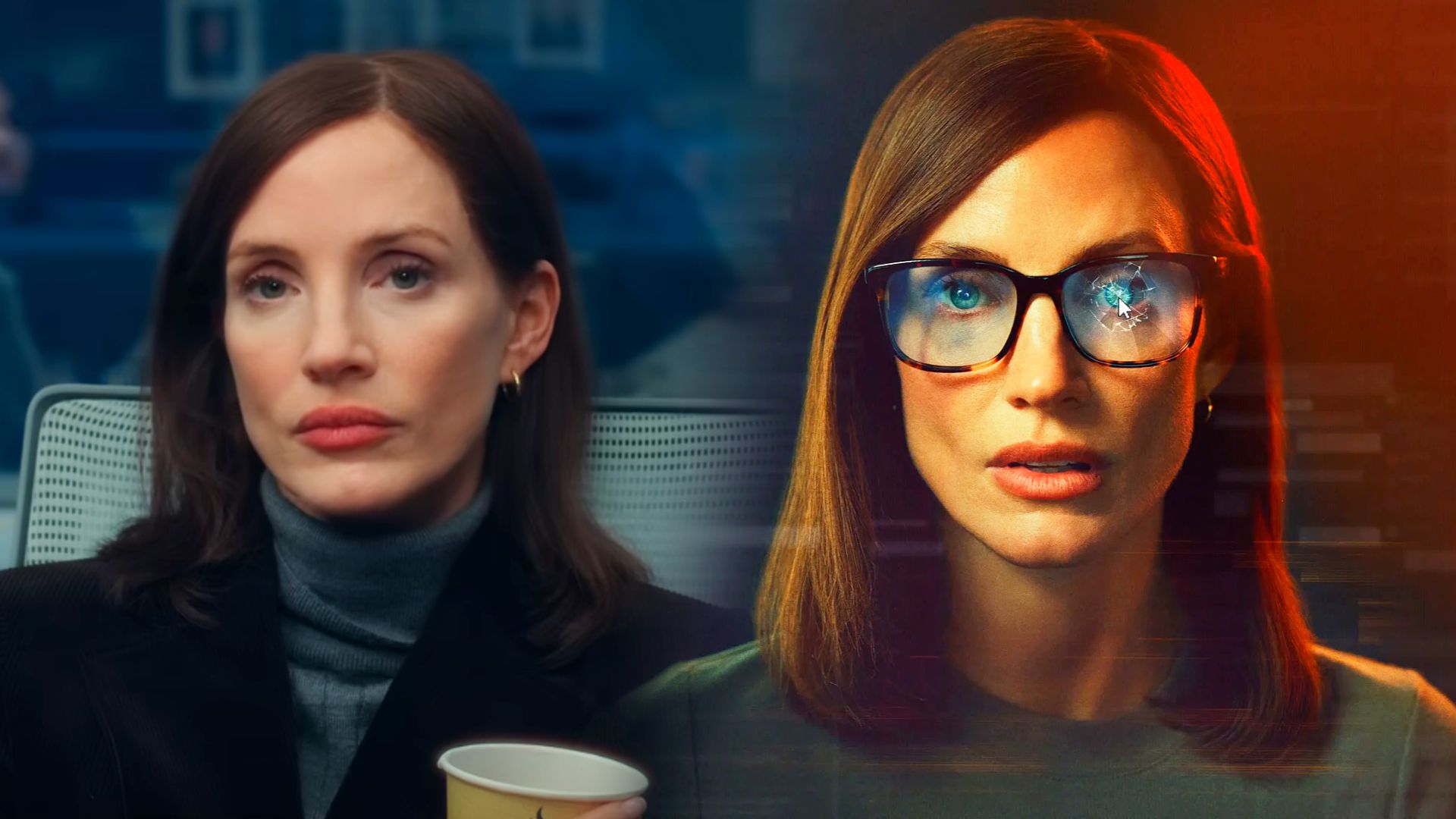 La actriz Jessica Chastain con un blazer negro y gafas rotas mira a la cámara