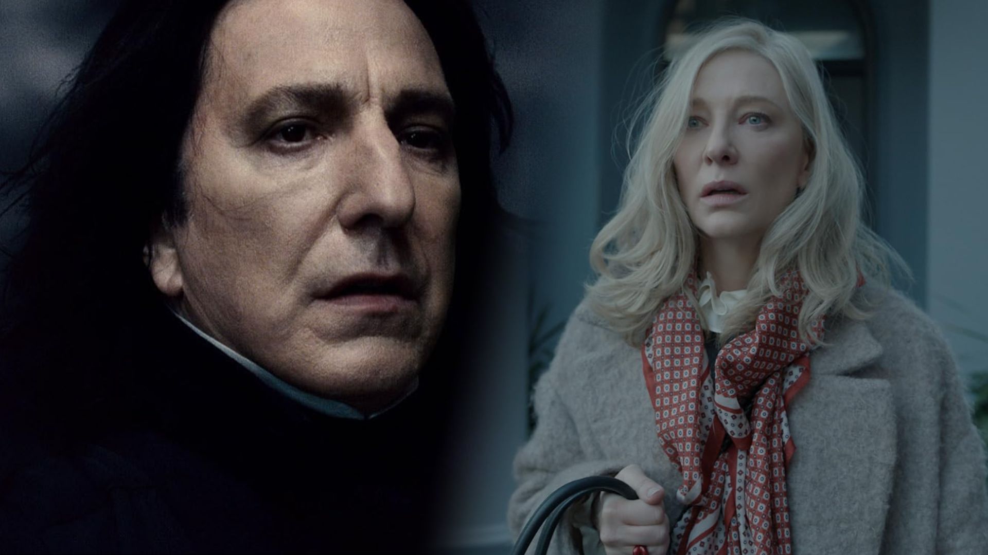 El actor Alan Rickman con cabello negro y capa negra, Cate Blanchett con abrigo gris