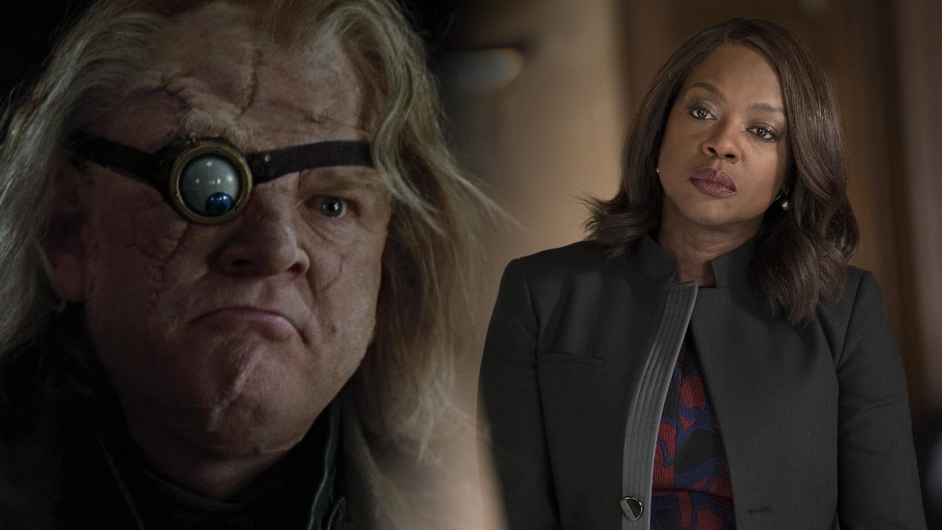 Actor Brendan Gleeson con ojo protésico, Viola Davis en blazer negro