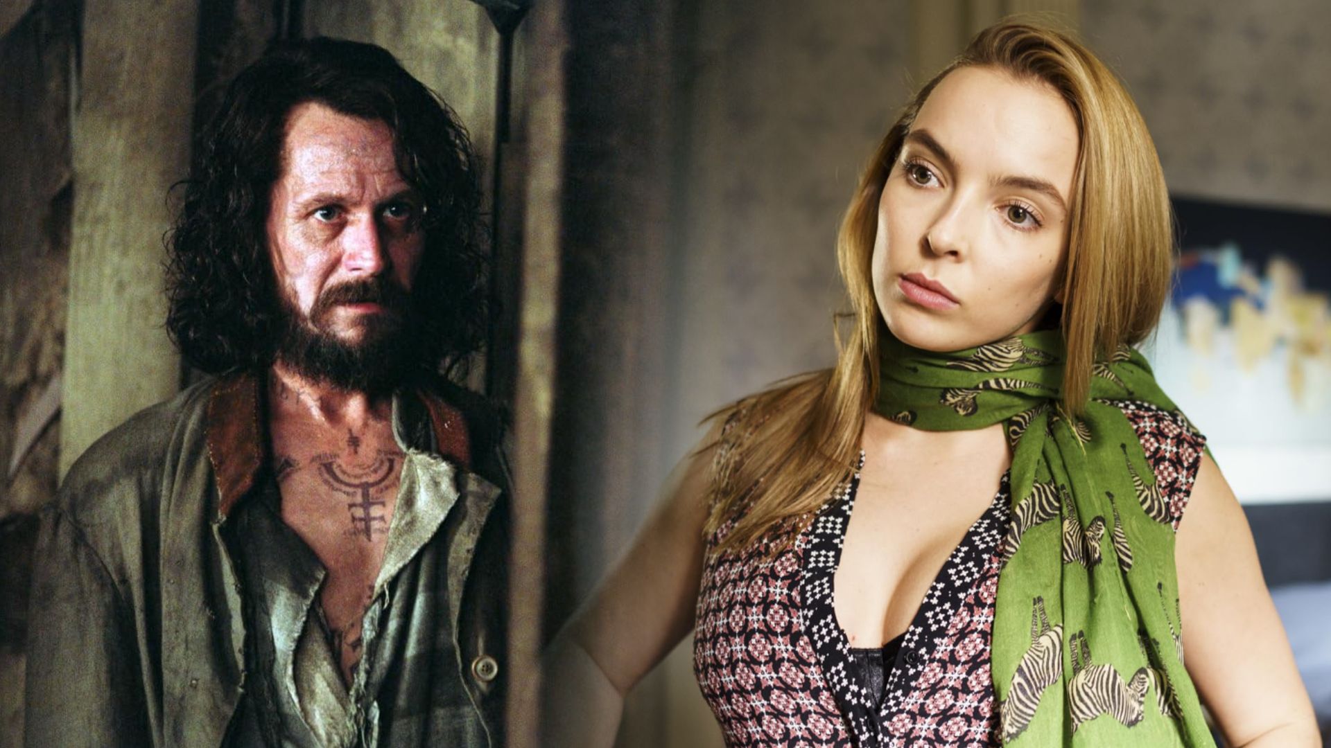 El actor Gary Oldman vestido con harapos, Jodie Comer con chaleco rosa y bufanda al cuello