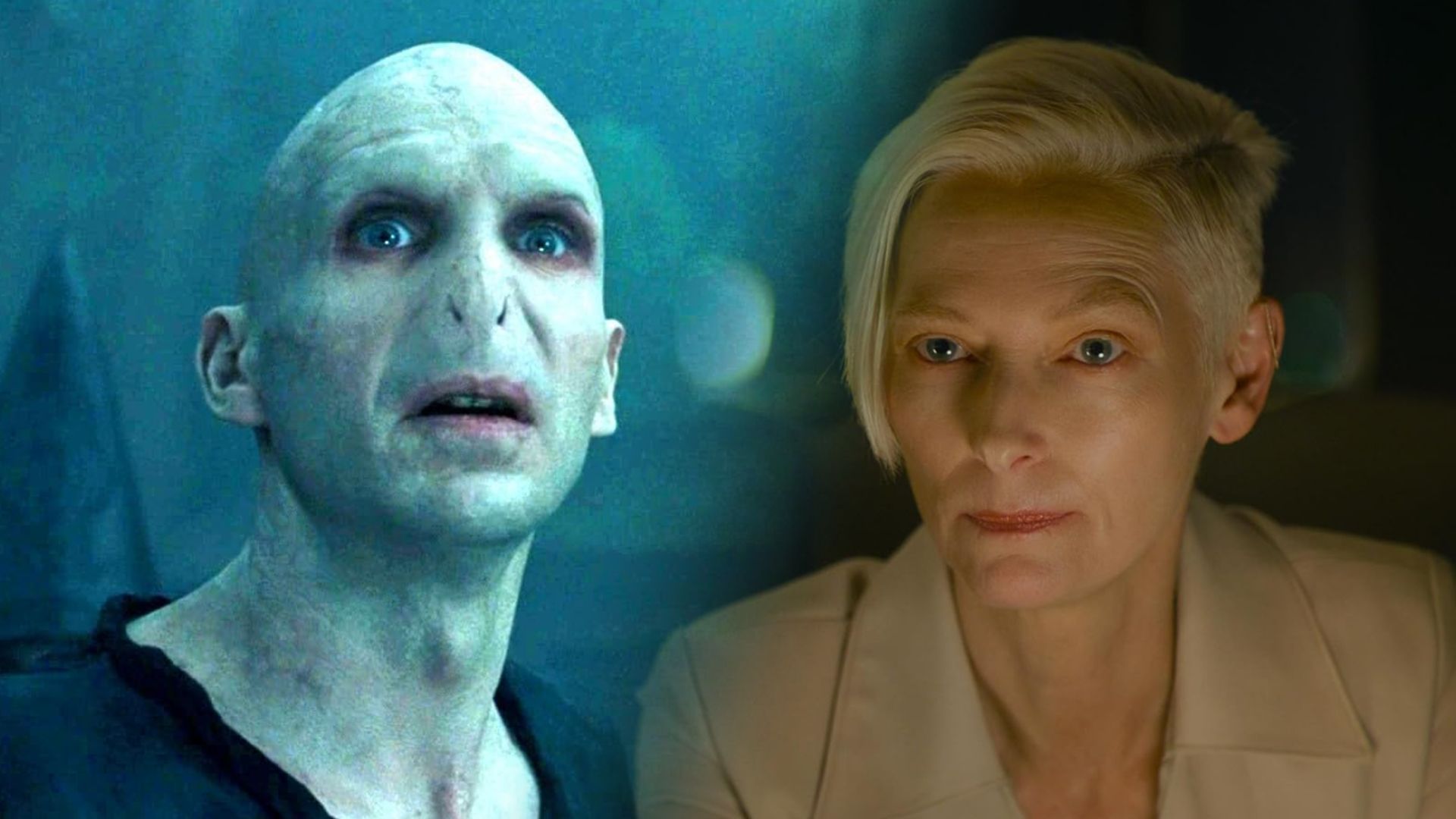 El actor Ralph Fiennes sin nariz y con piel gris, la actriz Tilda Swinton con cabello blanco y blazer blanco