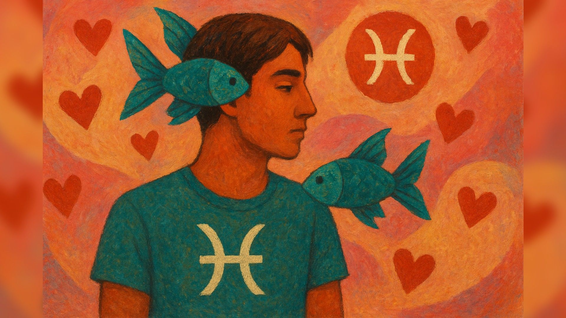 Hombre Piscis, atmósfera romántica, paleta de colores naranja-verde